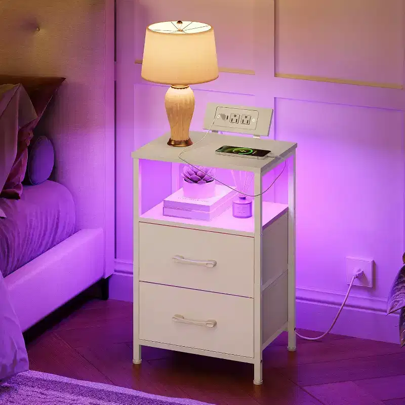 ACOINEL Nightstand with Charging Station, White Bedside Table with LED Lights & 2 Fabric Drawers, End Table with 2 AC Outlets/USB/Type-C
