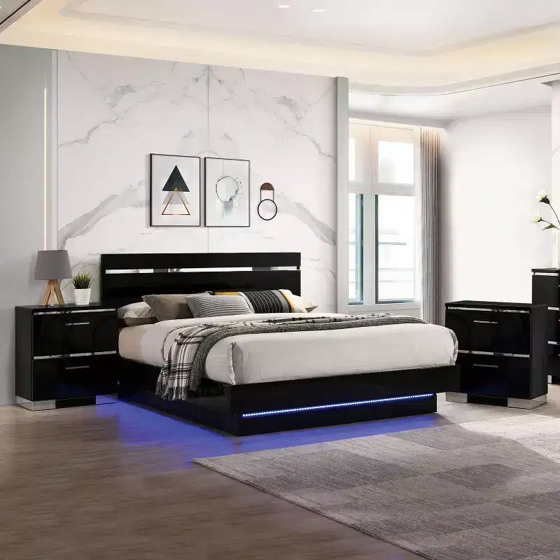 3pc Cavatao Bed with 2 Nightstands Black/Chrome