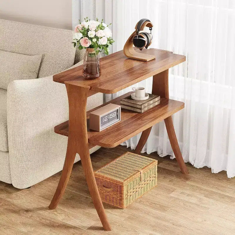 Tall Narrow End Table with 2-Tier Storage Shelf and Solid Wood Legs