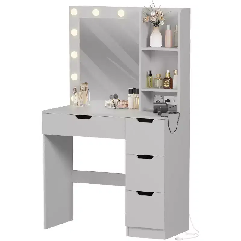 Vanity Desk with Mirror and LED Lights, Makeup Table with Drawers and Charging Station for Bedroom