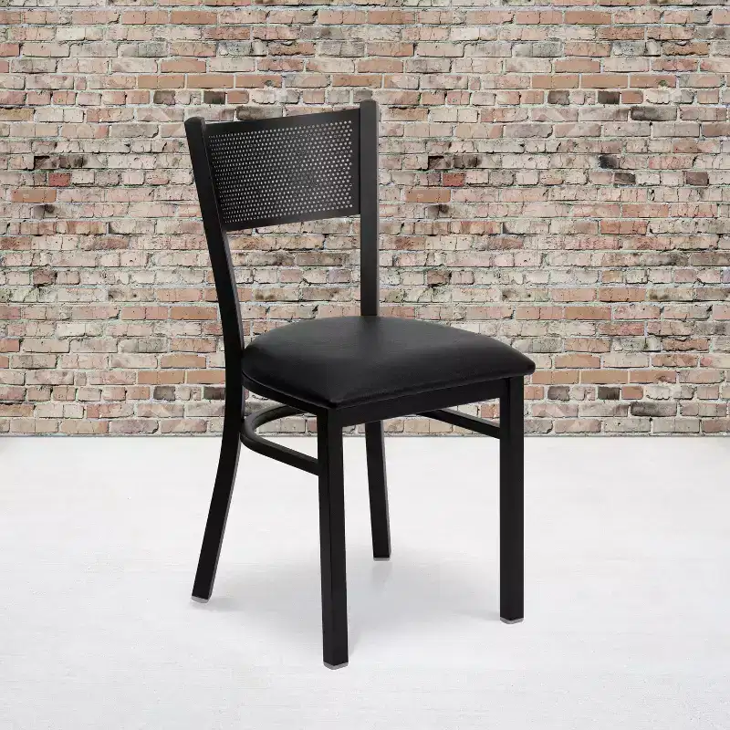 Black Grid Back Metal Dining Chair, Vinyl Padded Seat, 500 lb Capacity