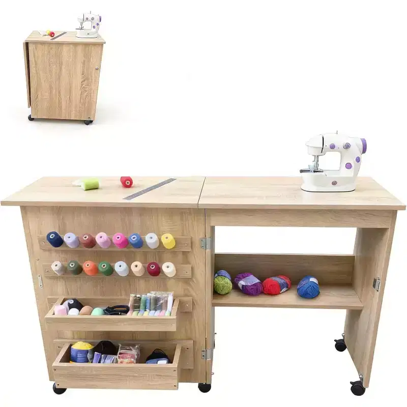 Folding Sewing Table with Lockable Wheels, Craft Station with Storage Shelves and Trays for Sewing Machine