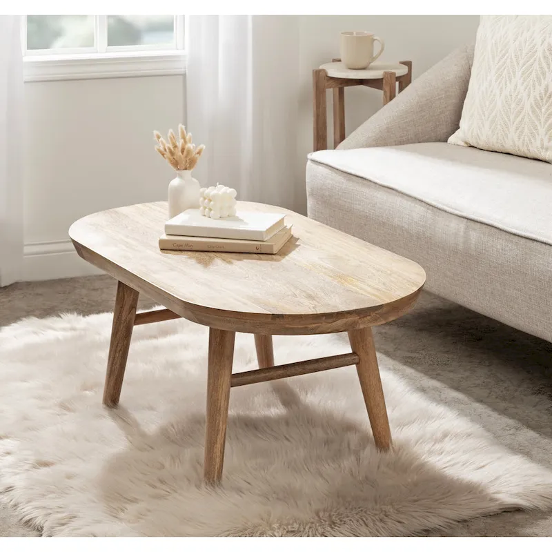 Mid-Century Oval Solid Mango Wood Coffee Table | Tapered Legs | 38