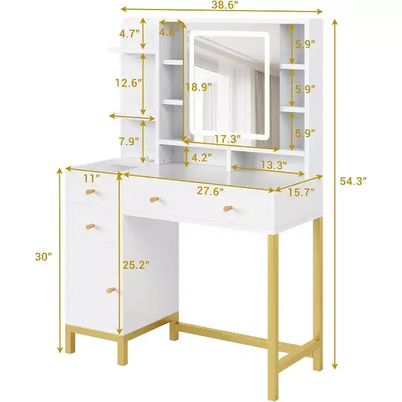 Makeup Vanity with Led Lighted Mirror & Power Outlet, 3 Lighting Modes, Brightness Adjustable, White