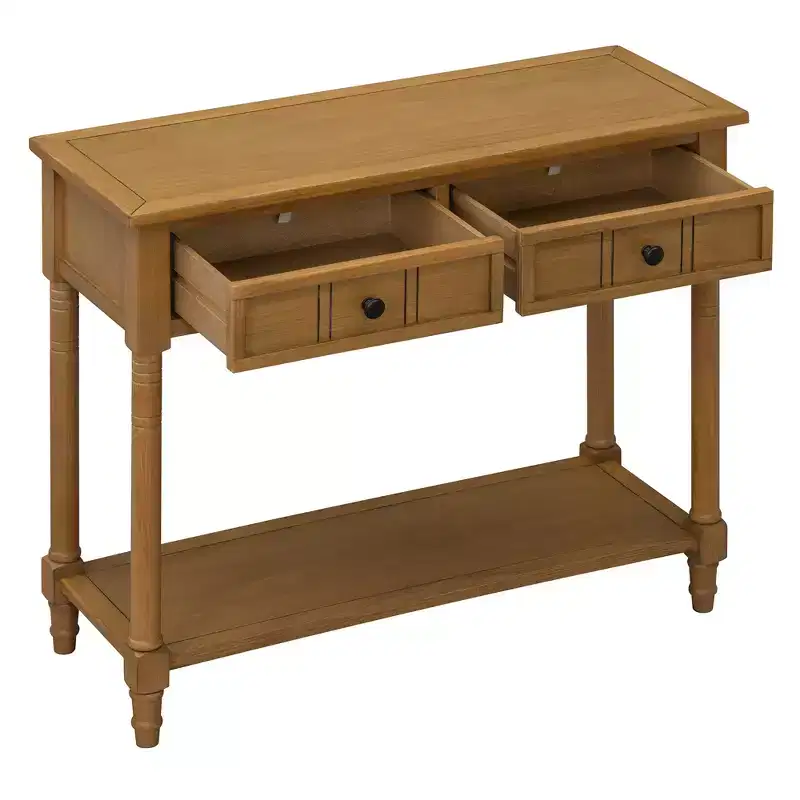 Traditional Entryway Console Table with 2 Drawers and Bottom Shelf, Solid Pine Wood