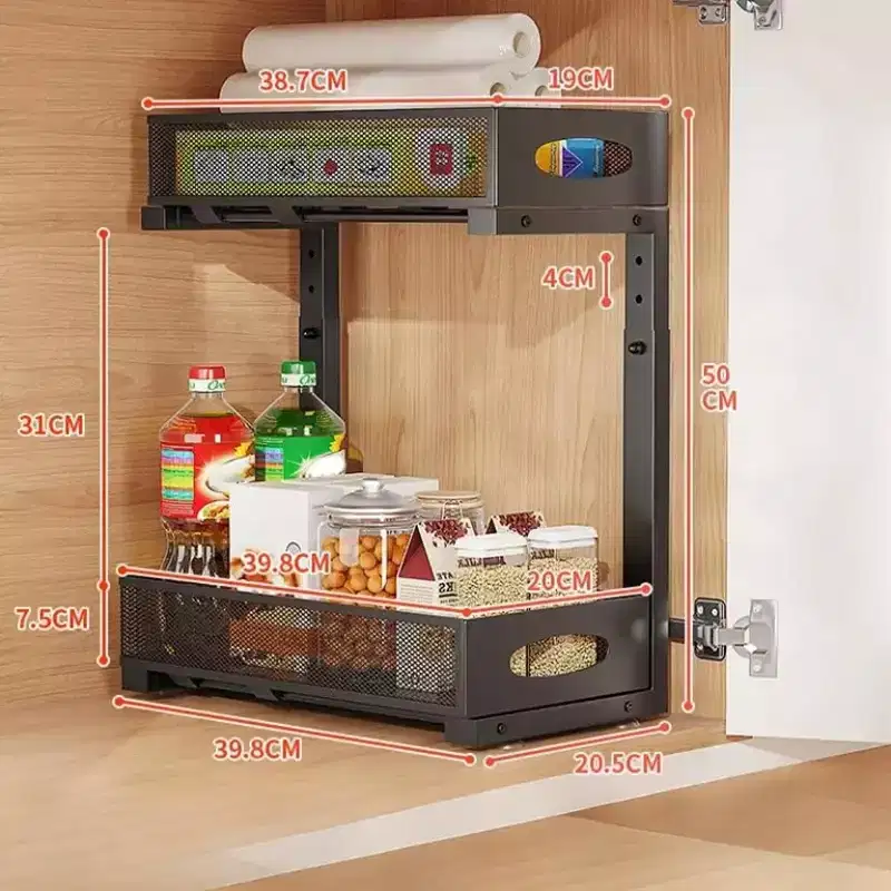 GustoWave Under Sink Storage Kitchen Organiser Carbon Steel 2-Tier Pull Out Under Sink Storage Basket Height Adjustable Kitchen Cabinet Organizer