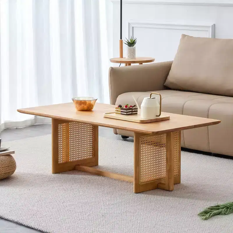 Rustic Wooden Rectangular Coffee Table with Rattan Imitation