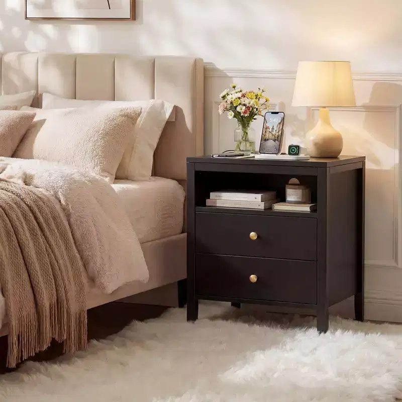 Modern Nightstand, Wooden Bedside Table with 2 Drawers & Open Shelf, Farmhouse End Table, Sofa Side Table for Bedroom, Office, Living Room
