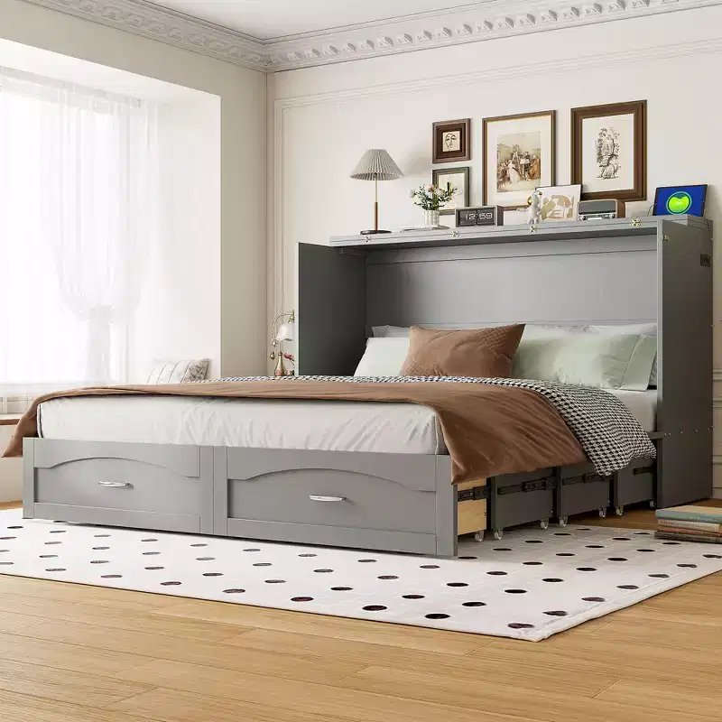 Queen Size Murphy Bed Wall Bed with Drawers, Sockets & USB Ports, Pulley Structure, Gray