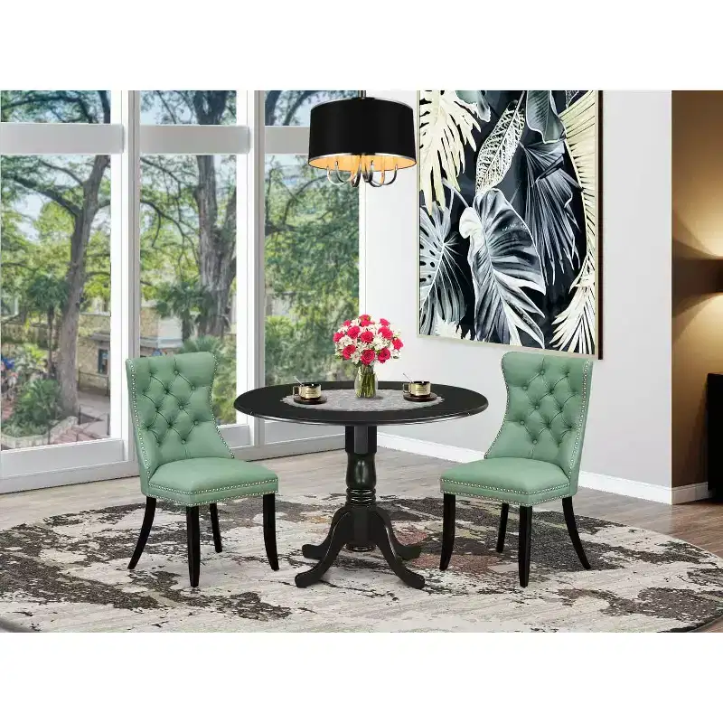 3-Piece Black Finish Solid Wood Top-Round Upholstered Dining Room Set -Seats 4