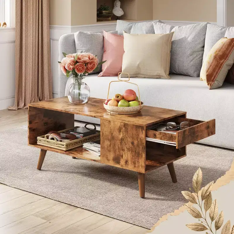 Wood Coffee Table with Sliding Top up to 50 TV, Modern Center Table with Open Storage Shelf for Living Room, Bedroom, Rustic Brown