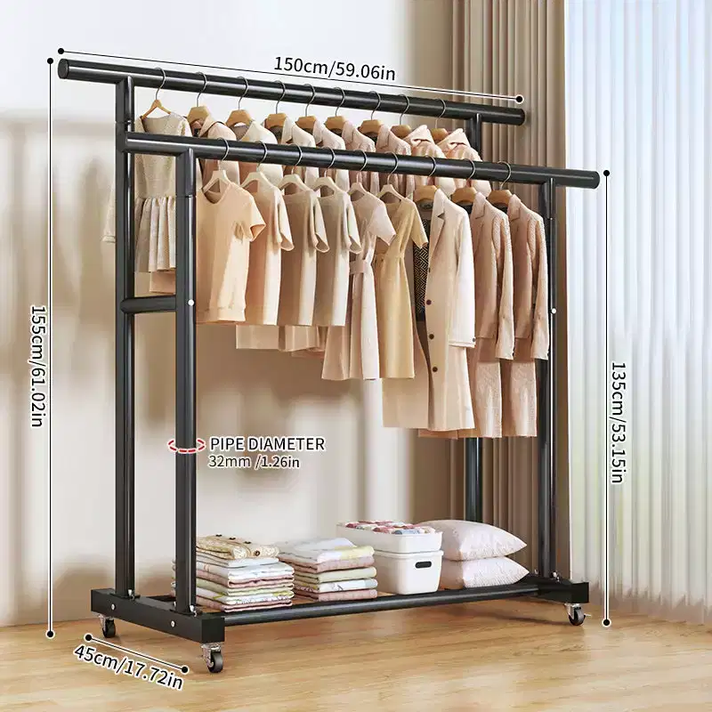 AEELLEEA Heavy Duty Rolling Double-Tier Clothes Rack - Double Hanging Rails & Bottom Storage Shelf for Home Organizing
