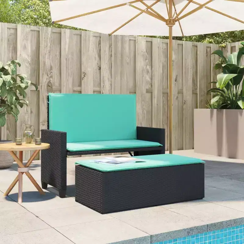vidaXL Patio Bench with Cushions and Footstool Brown Poly Rattan