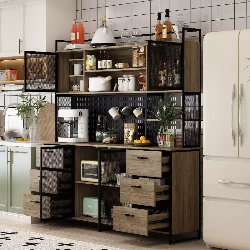 Famapy Brown Woodgrain Multifunctional Kitchen Cabinet Kitchen Sideboard with Hanging Shelf Display Shelf