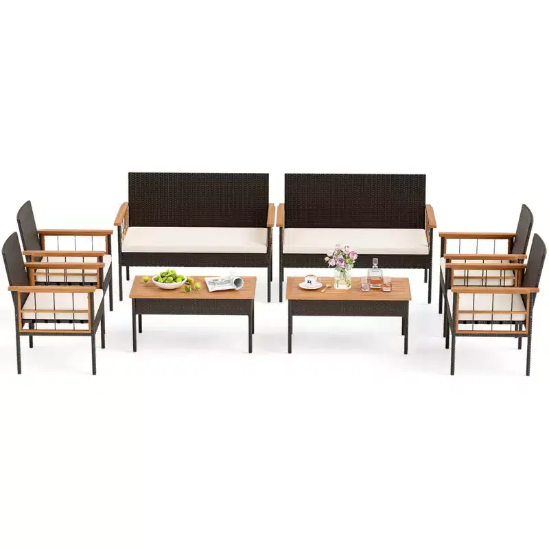 Costway 8 PCS Wicker Furniture Set with Acacia Wood Tabletop Armrests Cushions for Backyard