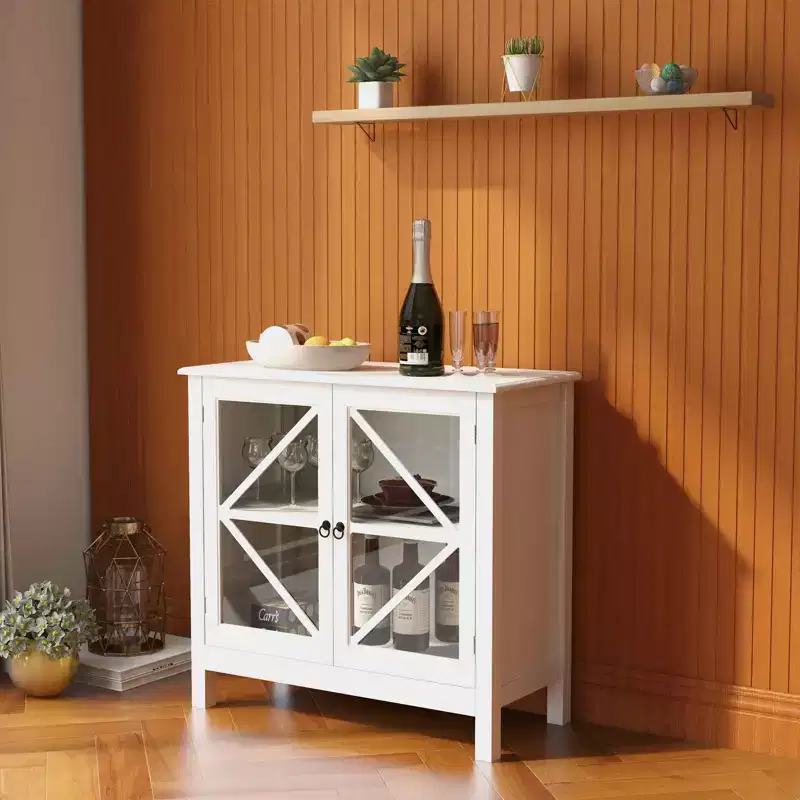 MAYEERTY Kitchen Cabinet, Double Glass Doors for Display & Closed Storage