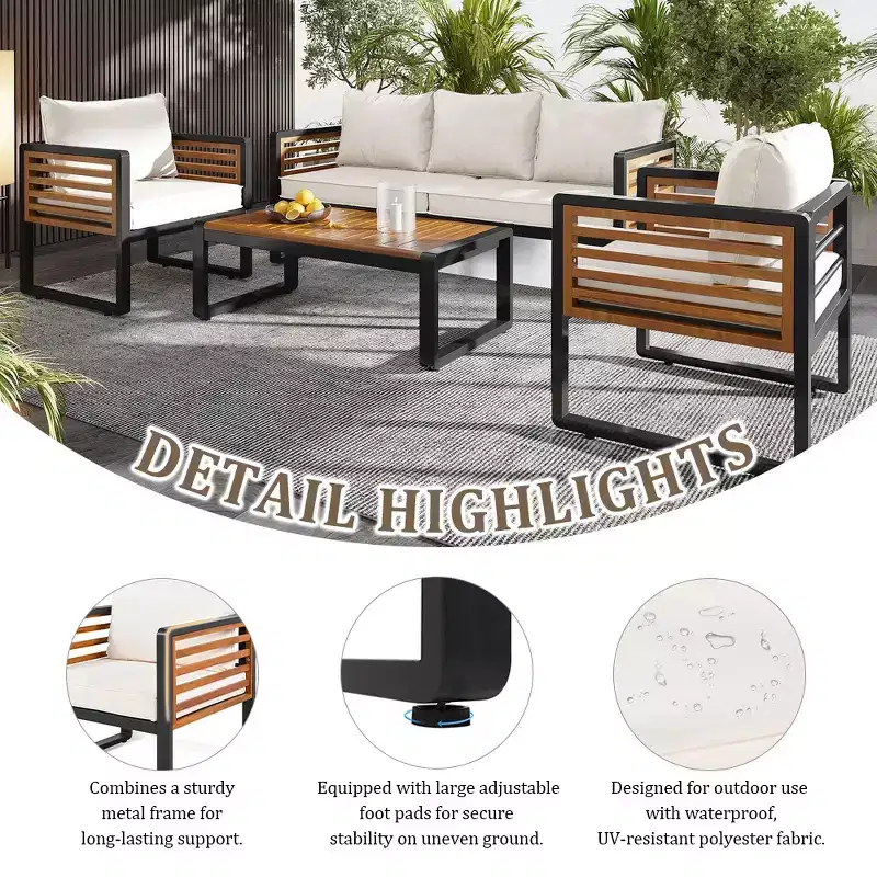 Whisen Outdoor Furniture sofa for 5 Person Conversation Set, Garden Sofa Set With Removable Cushion