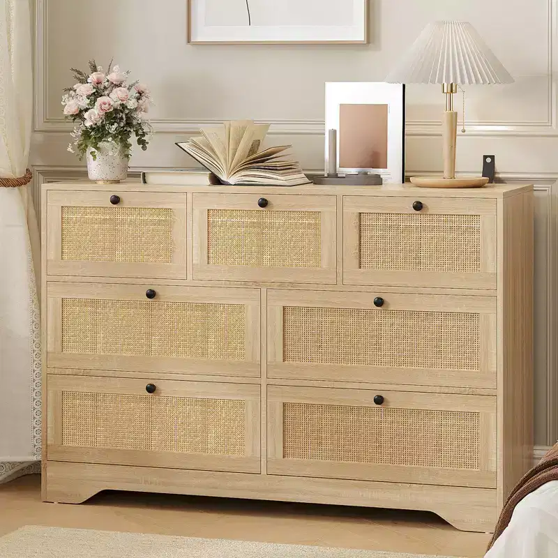 Rattan 7 Drawer Dresser for Bedroom, 51 Wide Chest of Drawers, Beside Table for Closet, Wood Storage Organizer for Living Room Hallway Entryway