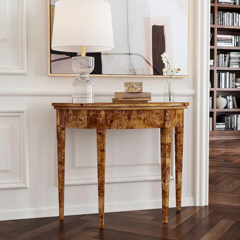 Traditional Burl / Light Burl Demilune Console Table, 4-Leg