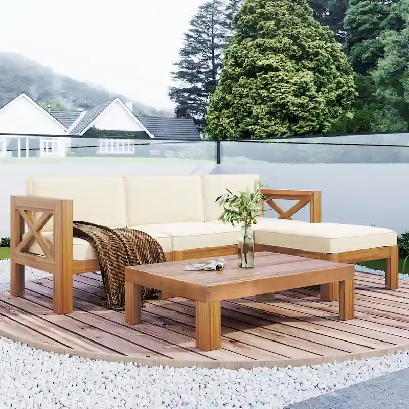 5-Piece Wooden Sectional Sofa Set with Natural Finish and Upgraded Zippered Fabrics - Lockable Panels for Security