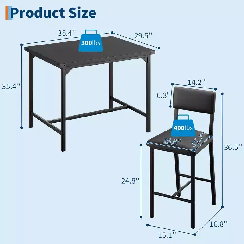 CuisinSmart Dining Table Set for 2, Kitchen Table Set with Footrest & Backrest, Counter Height Table with 2 Upholstered Bar Stools