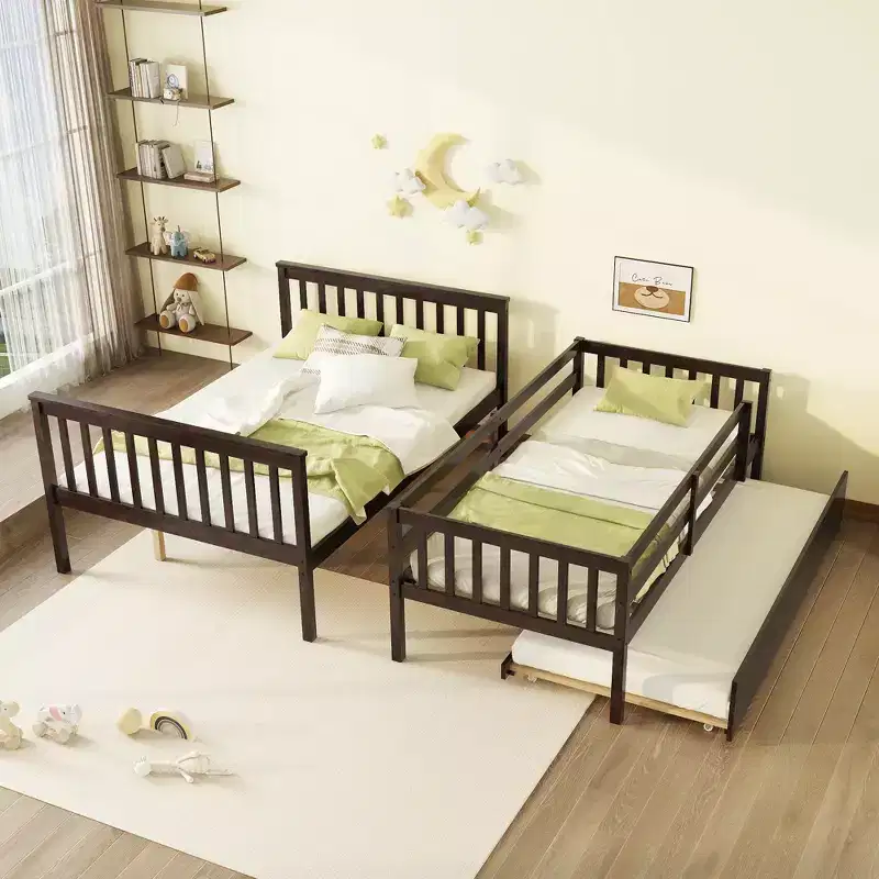 Detachable Bunk Bed Twin Over Full with Trundle for Kids Teens, Wood Bunk Bed with Ladder and Guardrail, Separate into 2 Beds