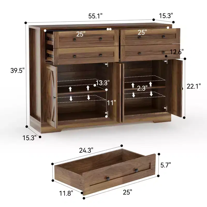 Brown Farmhouse Sideboard Buffet Cabinet, 4 Doors & 4 Drawers, 1-Person Use