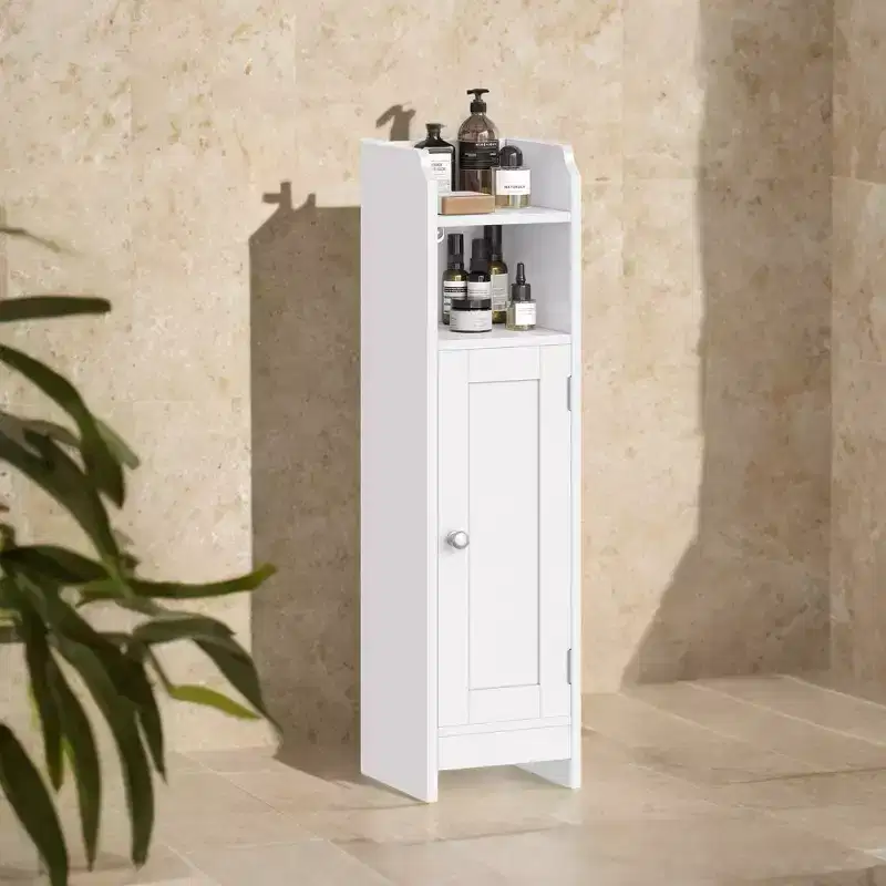 Small Floor Cabinet with Adjustable Shelves - White Narrow Storage Organizer