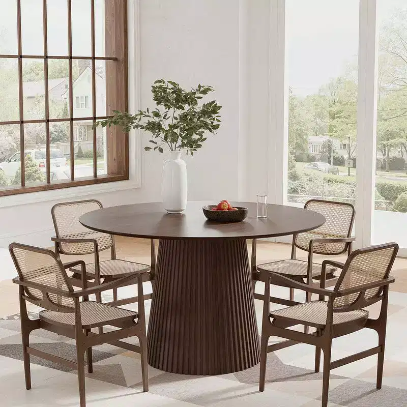 46 Round Dining Table for 6 People Modern Pedestal Table with Fluted Cone Base & Wood MDF Top for Small Space Kitchen Dining Room Cafe Walnut