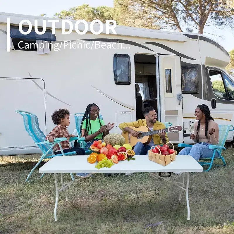 Plastic Folding Table, Portable Fold-In-Half Table with Iron Legs, Carrying Handle, Outdoor Rectangular Fold Out Table for Dining, Picnic, Party