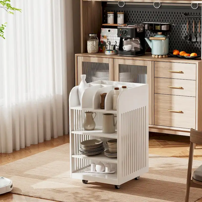 Black / White 6-Tier Kitchen Island Cart with Spice Rack & Locking Casters