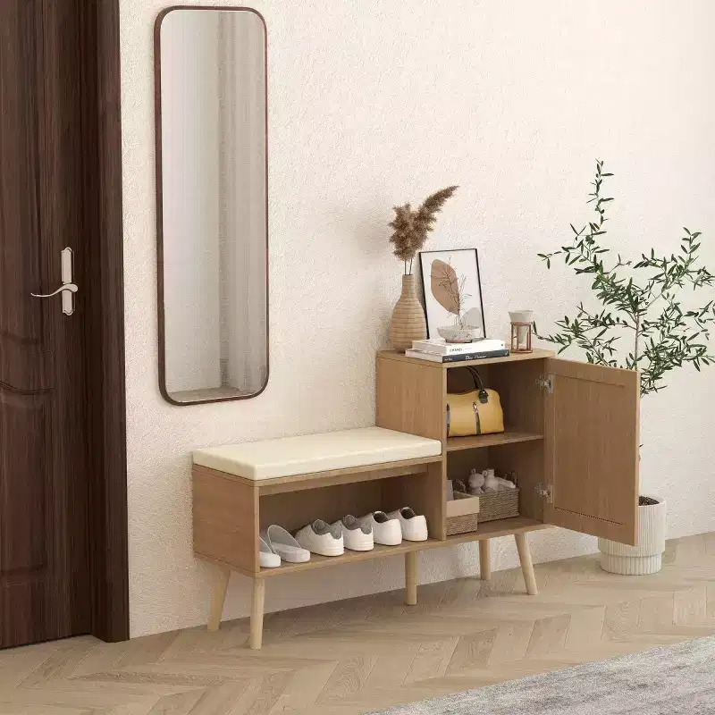 2-in-1 Modern Entryway Shoe Storage Bench with PP Rattan Cabinet, 2 Adjustable Shelves, Removable Cushion for Small Spaces-Panipeachy