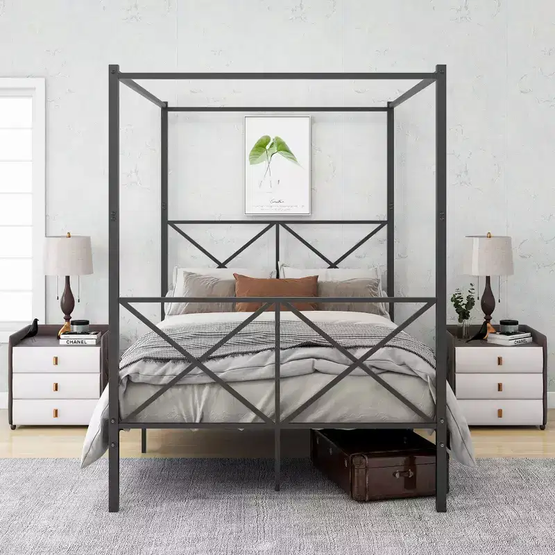 Queen/Full Size Metal Canopy Bed Frame, Platform Bed Frame with X Shaped Headboard and Slat Support, Black -ModernLuxe