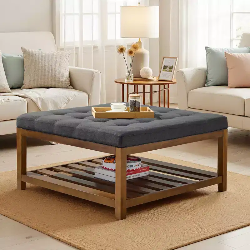 VEVOR Large Square Ottoman Coffee Table, 34.5 Inch Tufted Coffee Table with Solid Wood Shelf Storage, Linen Solid Upholstered, 400 LBS, Dark Gray