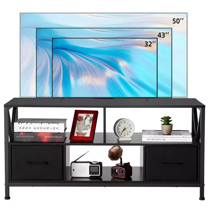 Entertainment stand for TVs up to 50 inches, TV cabinet with three-tier storage shelves, entertainment center TV stand for living rooms, metal frame
