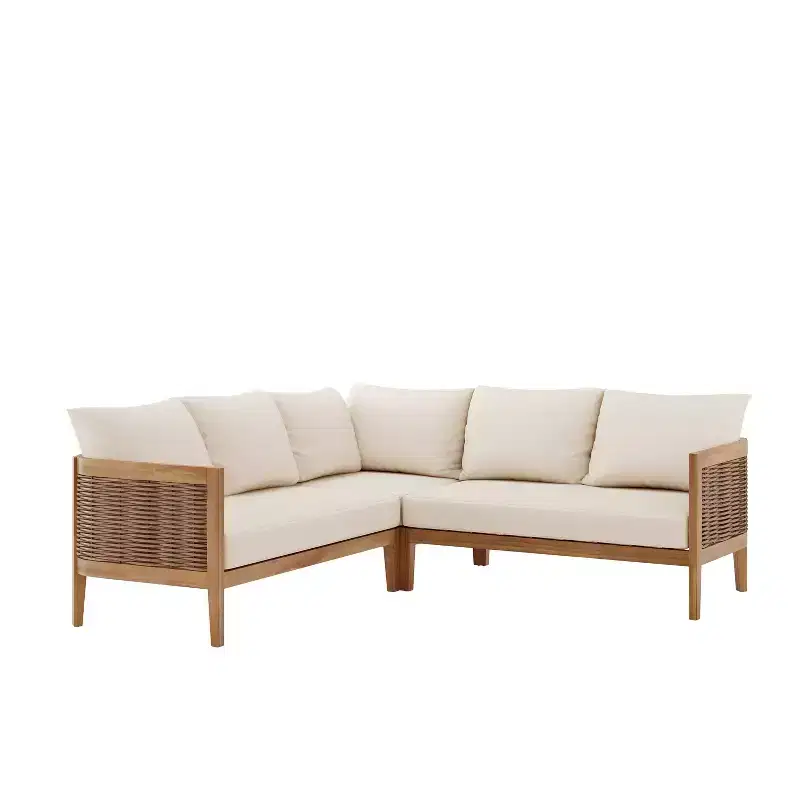 GDFStudio Hiland Outdoor Acacia Wood and Round Wicker 5 Seater Sectional Sofa Set with Cushions, Teak/Beige