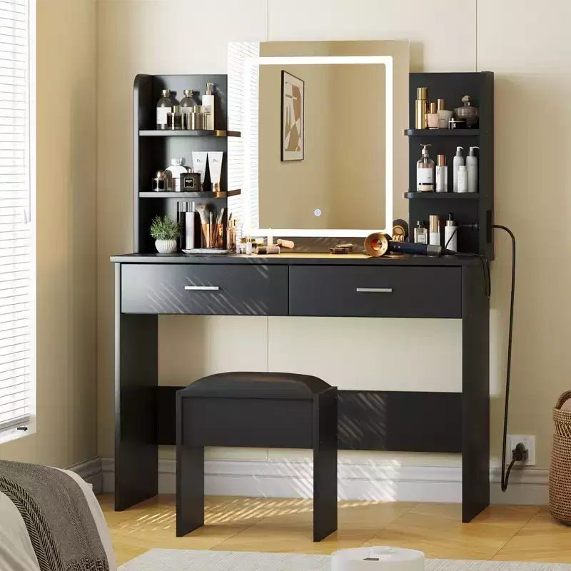 Makeup Vanity Desk with Mirror, Vanity Table and Chair Set with 2 Storage Drawer 4 Shelves, 3 Lighting Modes, for Living Room, Home