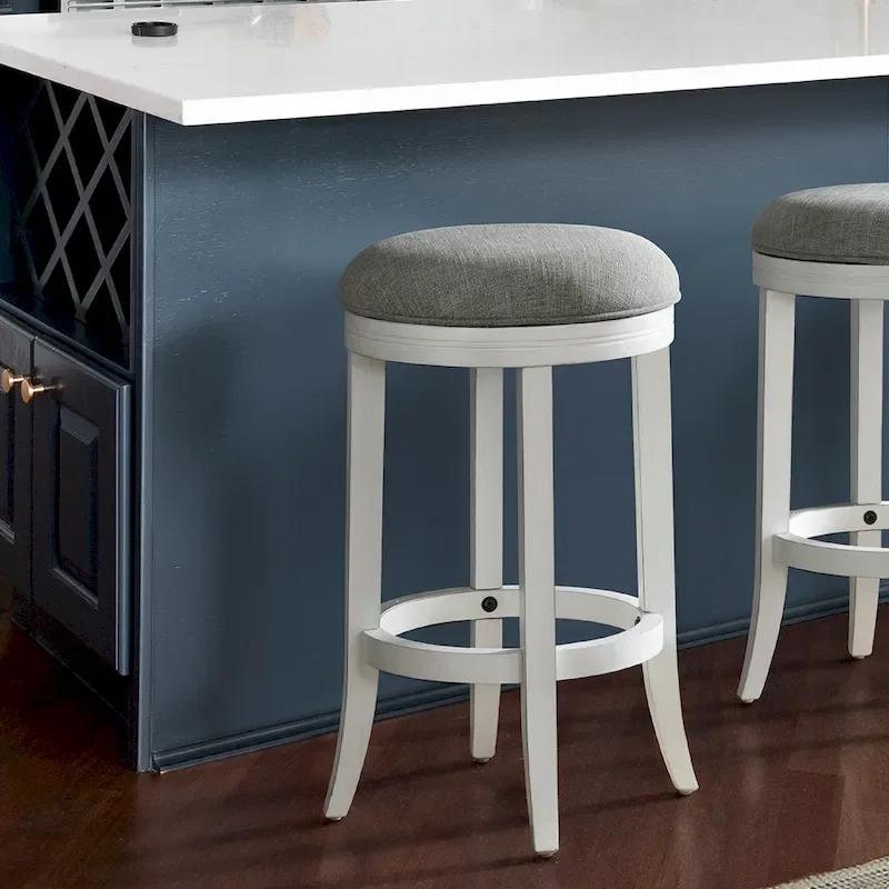 Avery White Wood Backless Swivel Bar Stool, Gray Fabric Seat