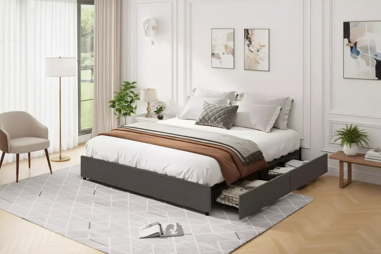 Upholstered Platform Bed Frame with 4 Storage Drawers, Wooden Slats, No Box Spring Needed
