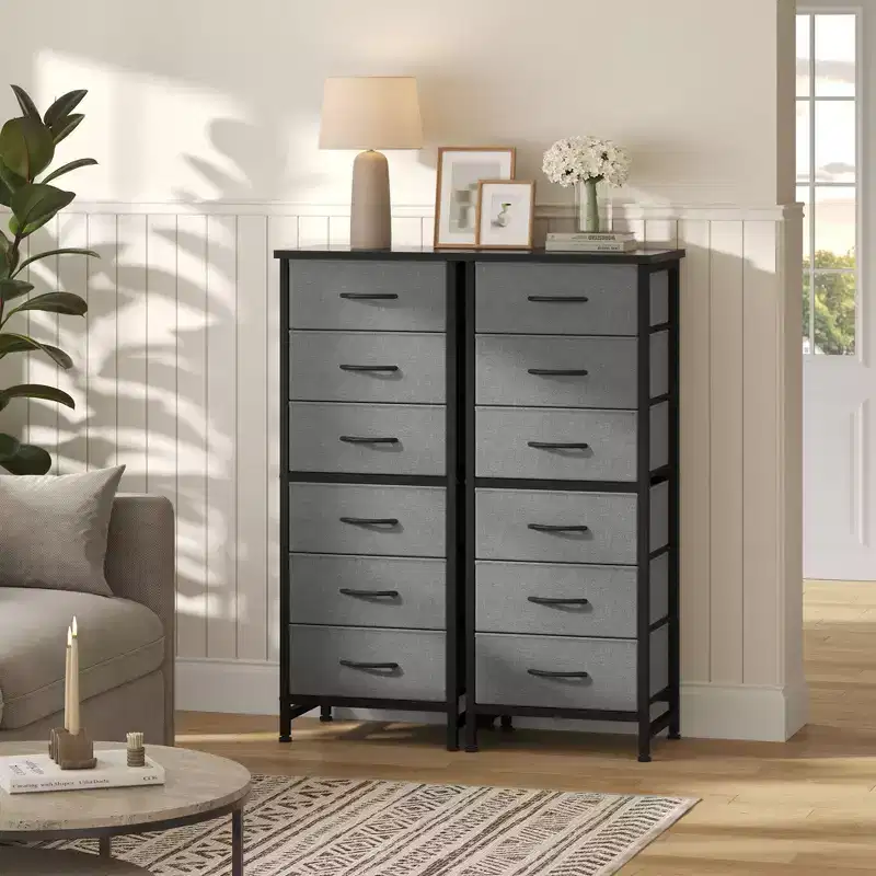 JIONJOY 6-Tier Narrow Drawer Storage Cabinet with Open Shelves, for Bedroom, Living Room, Office OrganizationGray Fabric
