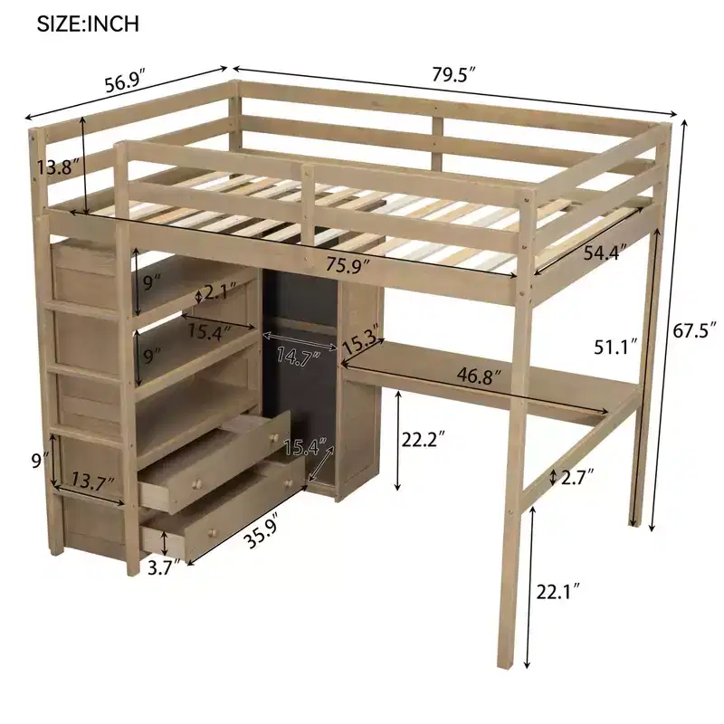 Full Size Loft Bed with Wardrobe and Desk, Wood Full High Loft Bed with Storage Drawers and Shelves for Adults Kids Teens