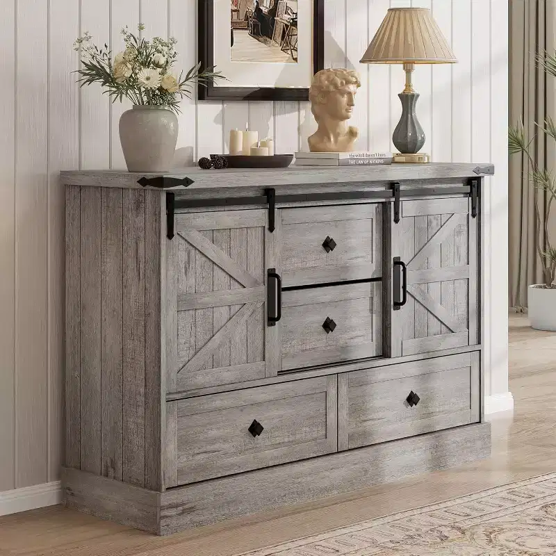 Farmhouse 4-Drawer Dresser, 45 Wood Storage Dresser with Sliding Barn Doors & Adjustable Shelves, TV Stand, Whtie