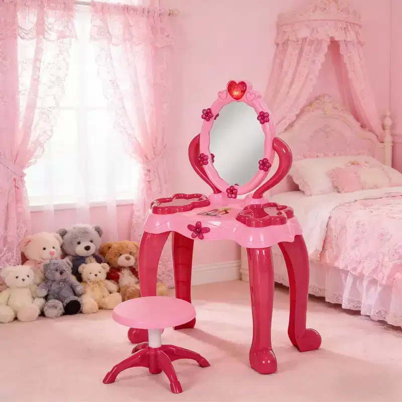 JVNOXK 17 inch Children's Dressing Table, includes a matching stool and 15 toy accessories, featuring an interactive light-up mirror and hairdryer