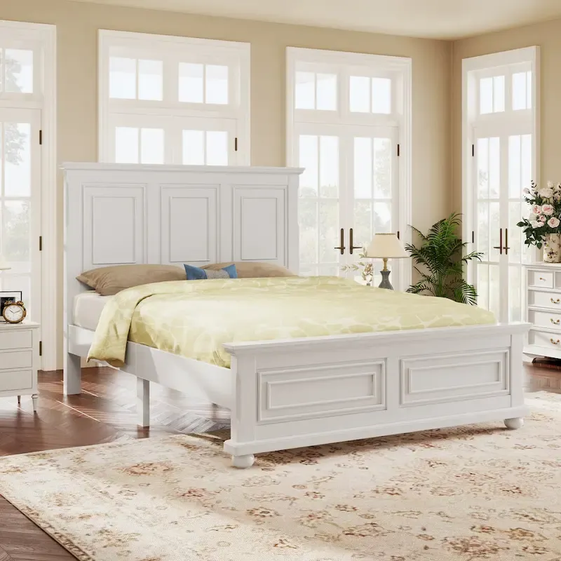 Wood Bed Frame with Headboard & Footboard | Brown / White / Stone Gray | Twin / Full / Queen