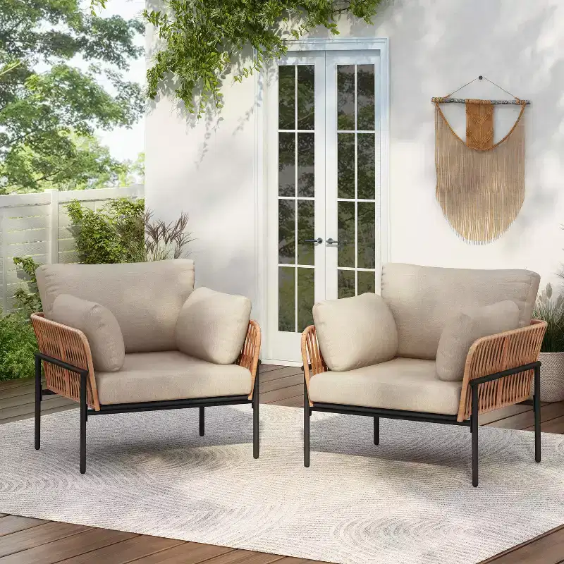 Set of 2 36-Inch Beige and Light Wood-Tone Rope Iron Lounge Chairs with Cushions, for Modern Decor