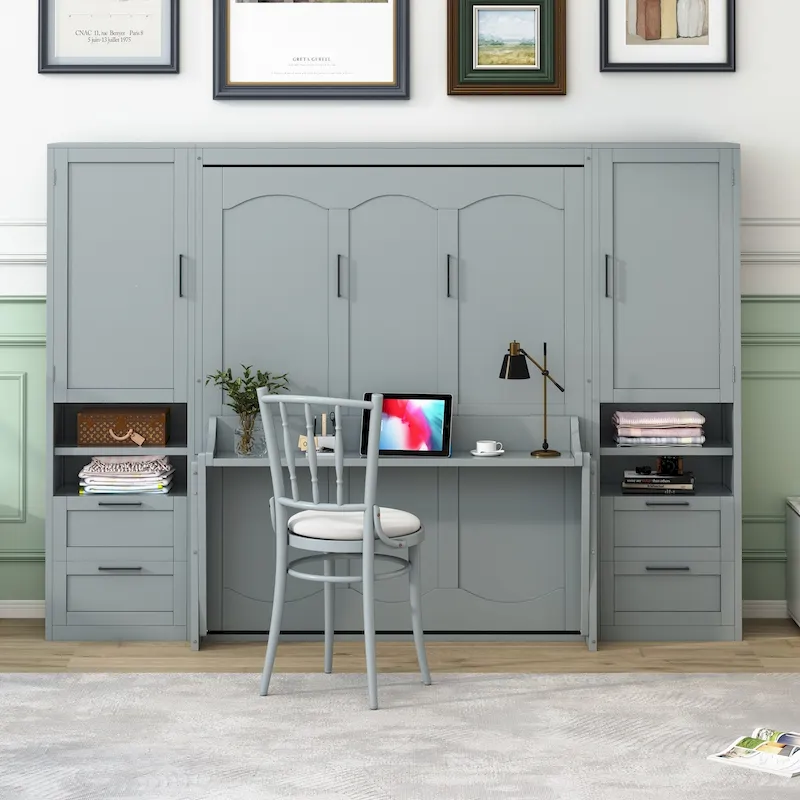 Queen Size Murphy Bed Wall Bed with Closet, Desk, Drawers and Shelves