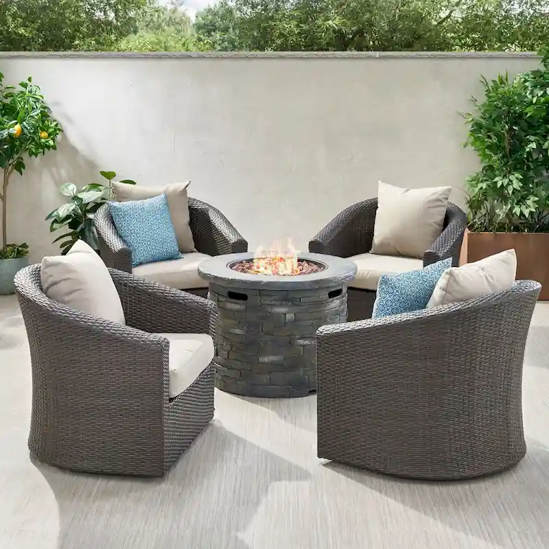Glenwood Outdoor 5-piece Wicker Aluminum Fire Pit Swivel Chat Set with Cushion by Christopher Knight Home