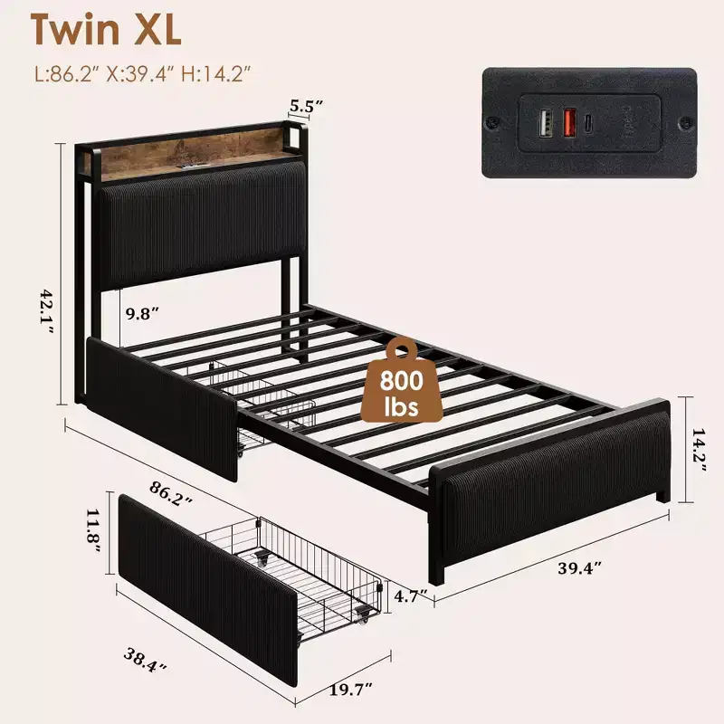 Twin XL Size Bed Frame with Storage Headboard, Corduroy Upholstered, 2 Storage Drawers & Charging Station, No Box Spring Needed, Noise-Free