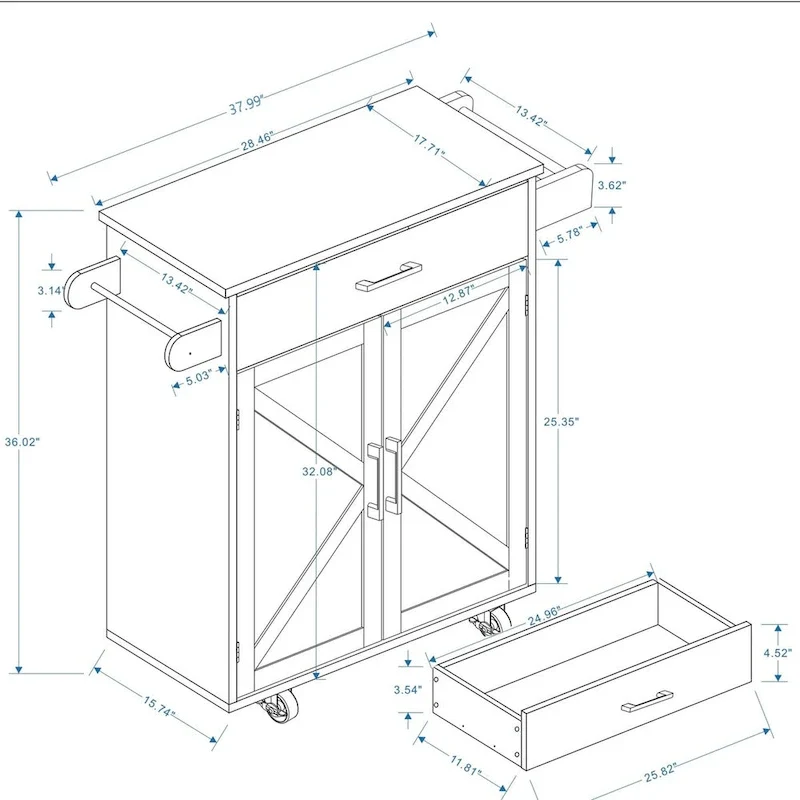 White Rubber Wood Kitchen Cart with Adjustable Shelves, Towel Rack