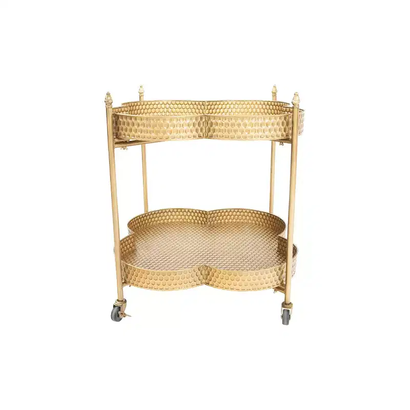 Clover Shaped 2-Tier Hammered Metal Bar Cart with Wheels